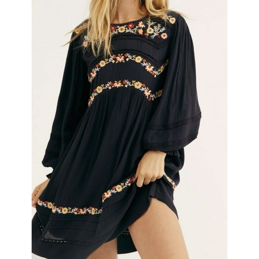 Free People Pasadena Floral Embroidered Bell Sleeve Mini Dress Black XS